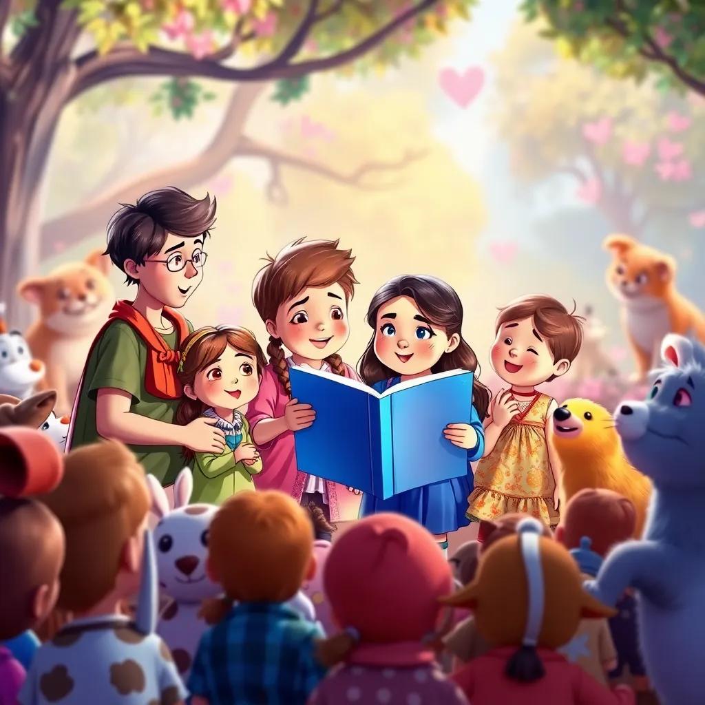 The four siblings telling their story to a crowd of children and animals, sharing the message of love and kindness, colorful setting, joyful expressions, vibrant colors, imaginative scene