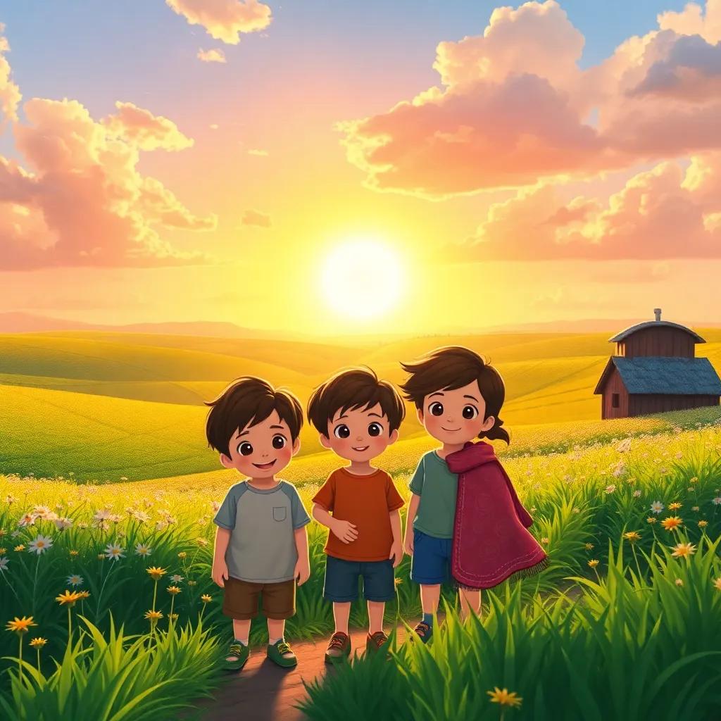 A beautiful landscape where the sun meets the fields, featuring three brothers and their sister, vivid colors, heartwarming atmosphere, digital art, child-friendly