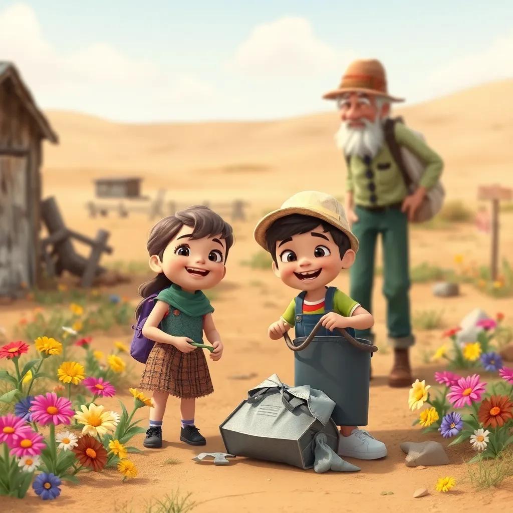The siblings in a deserted farm helping an old farmer, collecting trash, cheerful expressions, colorful flowers around, detailed illustration
