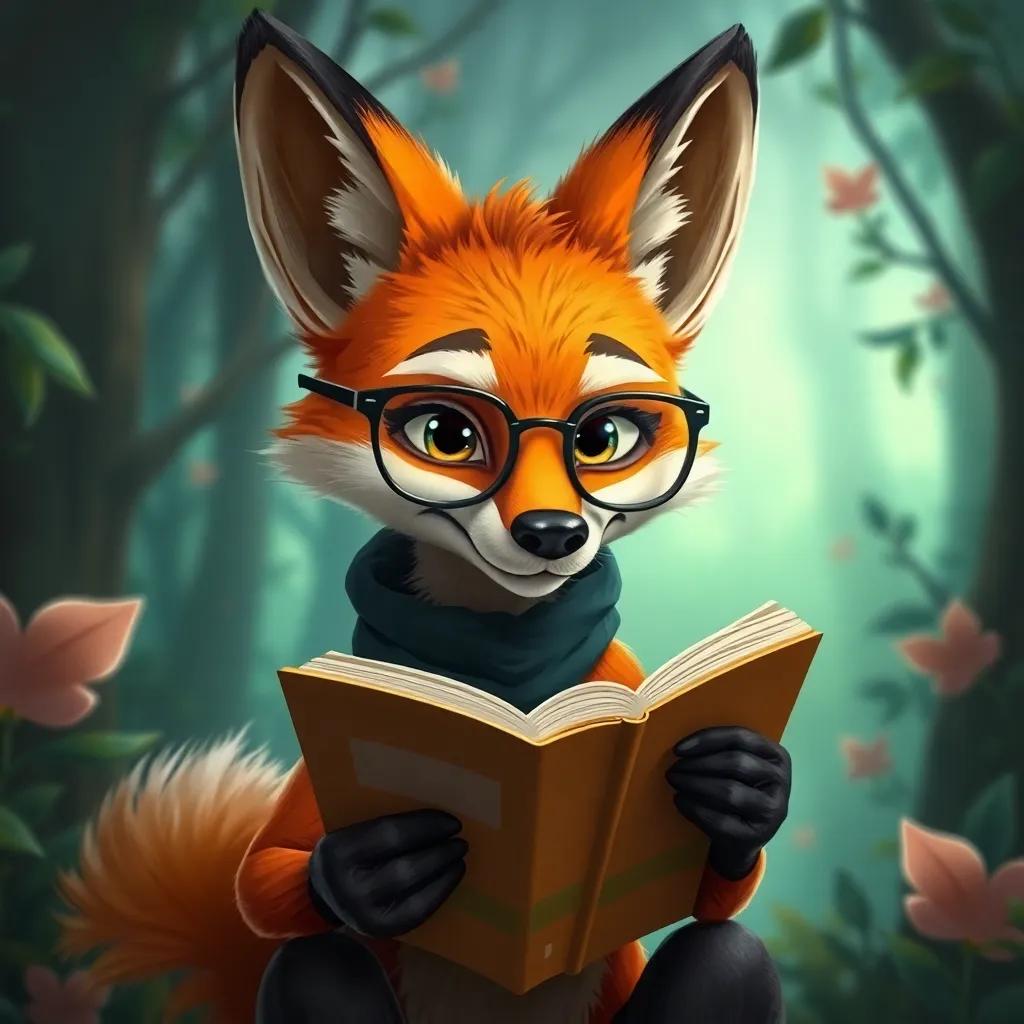 A clever fox named Lima wearing tiny glasses reading a book, mysterious forest backdrop, intelligent expression, whimsical art style, high quality