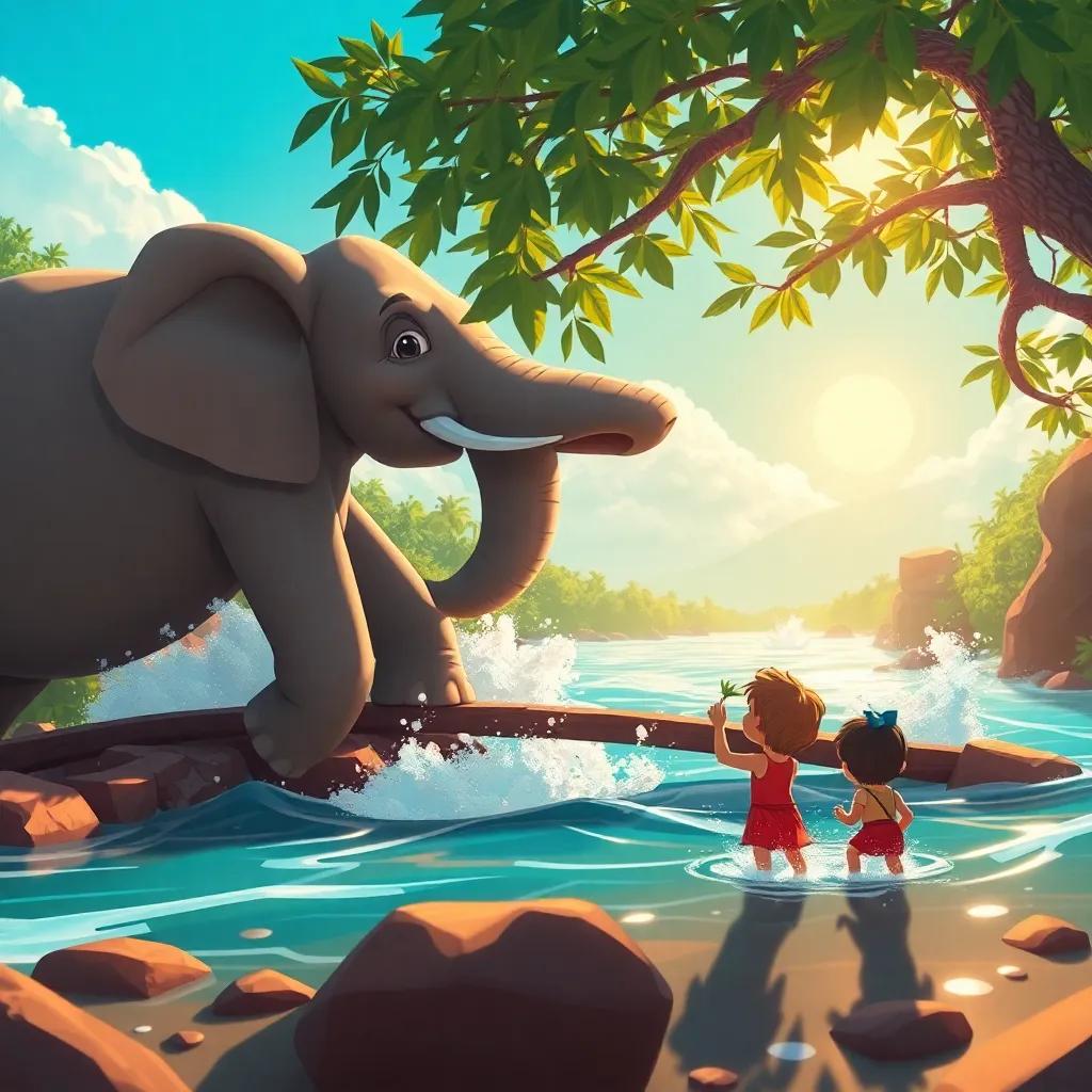 The siblings at a boiling river with a wise elephant named Hayel building a bridge from special leaves, hot sun shining, dynamic scene