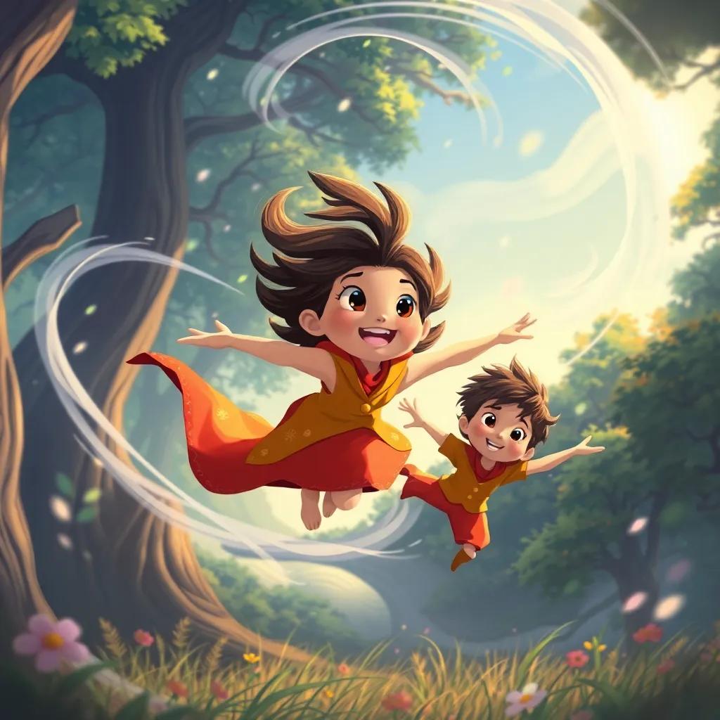 A strong wind blowing in a magical forest with swirling emotions, Nida flying joyfully, determined and protective siblings, engaging colors, illustration