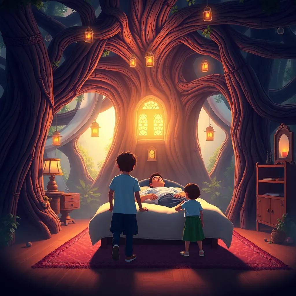 The siblings entering a majestic tree palace with their father lying on the bed, warm light illuminating the room, magical and inviting atmosphere