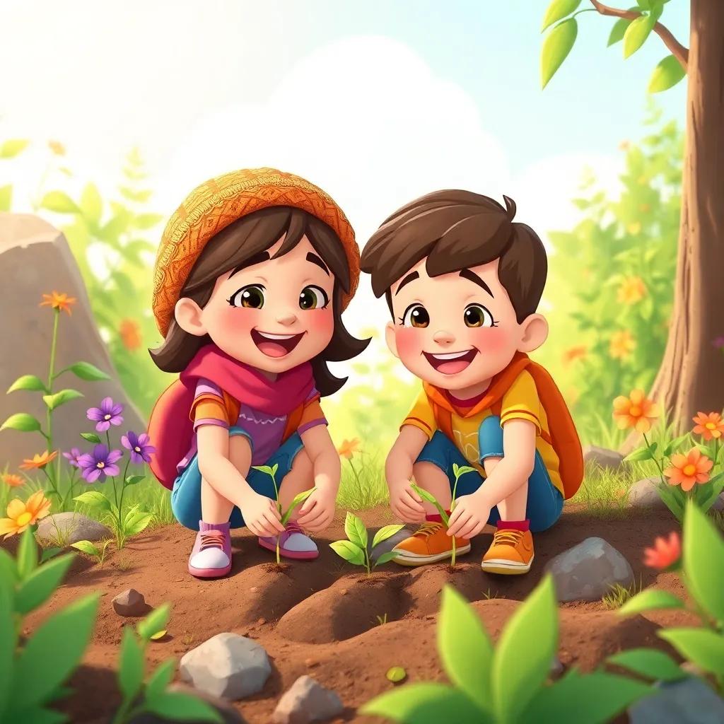 The siblings exploring nature with a sense of purpose, planting seeds and sharing love, bright and colorful, cheerful community vibes, cartoon style