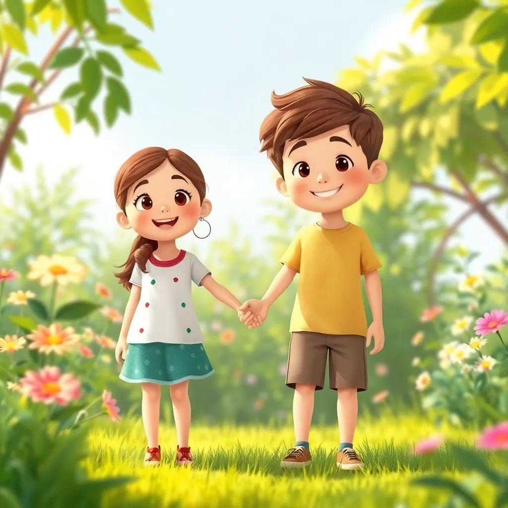 The siblings holding hands, representing unity and hope, surrounded by lush greenery and flowers, bright and cheerful setting, high quality illustration