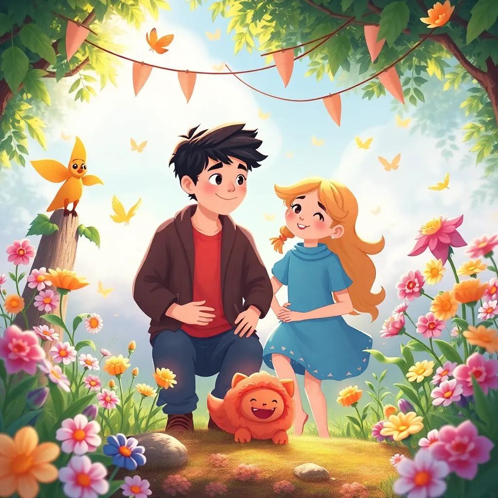 A celebration scene with nature thriving around the siblings, symbols of love and hope, heartwarming and bright, colorful and vibrant illustration