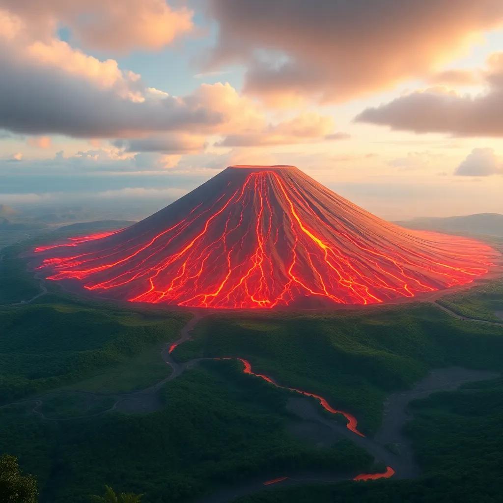 A large shield volcano, Dar'an, calm and peaceful, slowly flowing lava covering wide areas, surrounded by lush greenery, digital art, vibrant colors, serene atmosphere, high quality