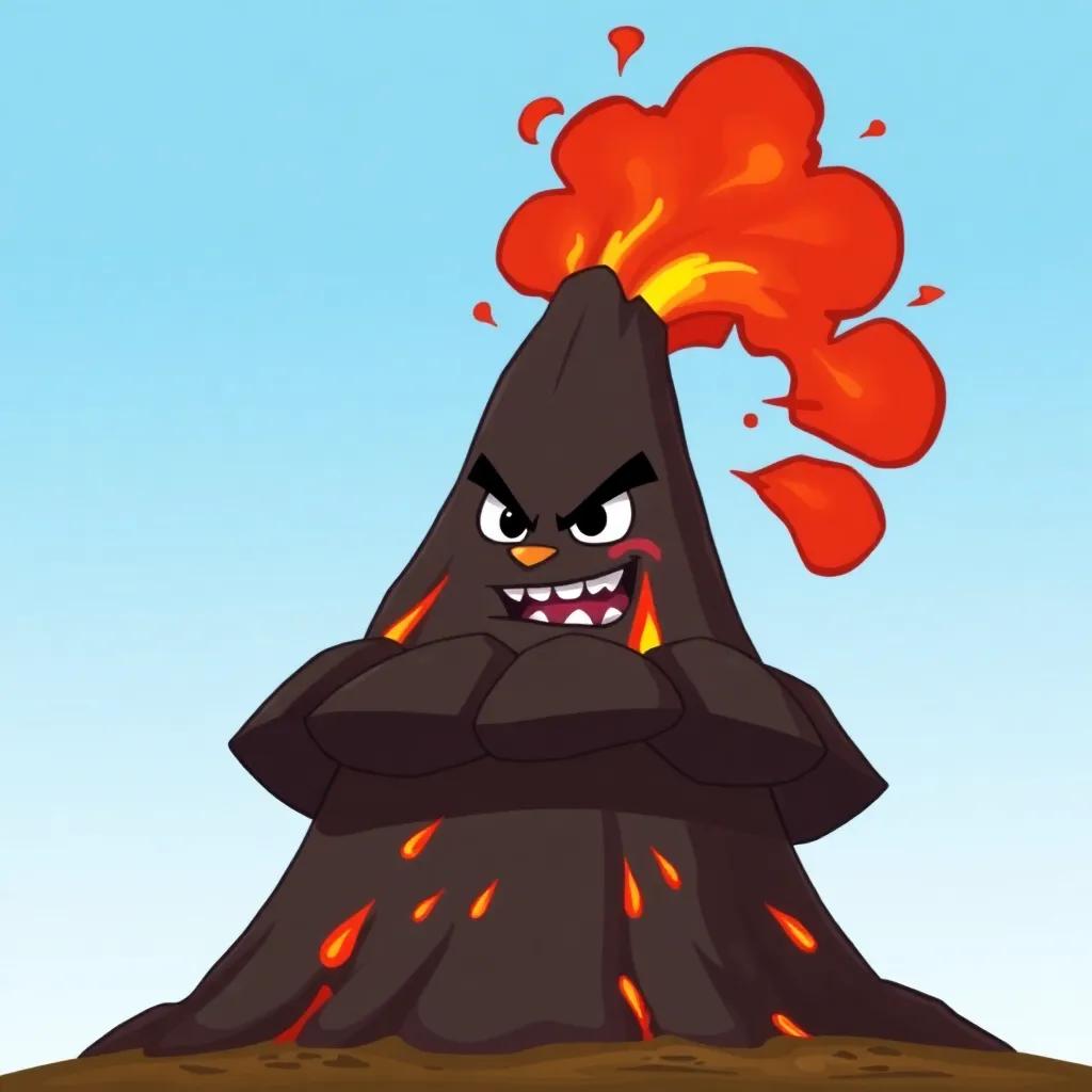 A cone-shaped volcano, Makhruti, with a fierce expression, erupting with bright lava bursts in a dramatic fashion, against a clear blue sky, illustration, energetic, intense mood, child-friendly