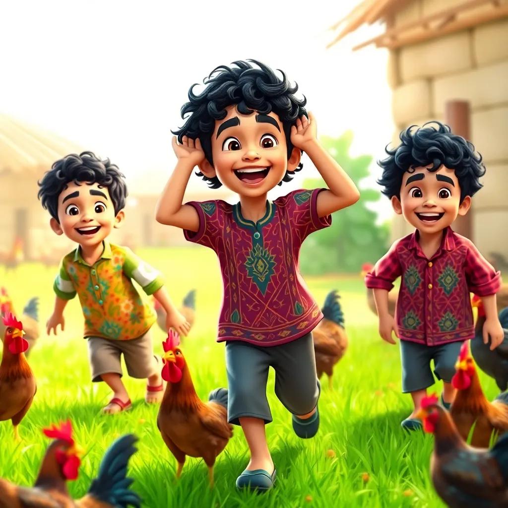 Three young Arab boys, Adam, Osama, and Zaid, with curly black hair, wearing colorful traditional shirts, playing joyfully in a farmyard with roosters surrounding them, bright sunlight, cheerful colors, playful atmosphere, digital art, high quality