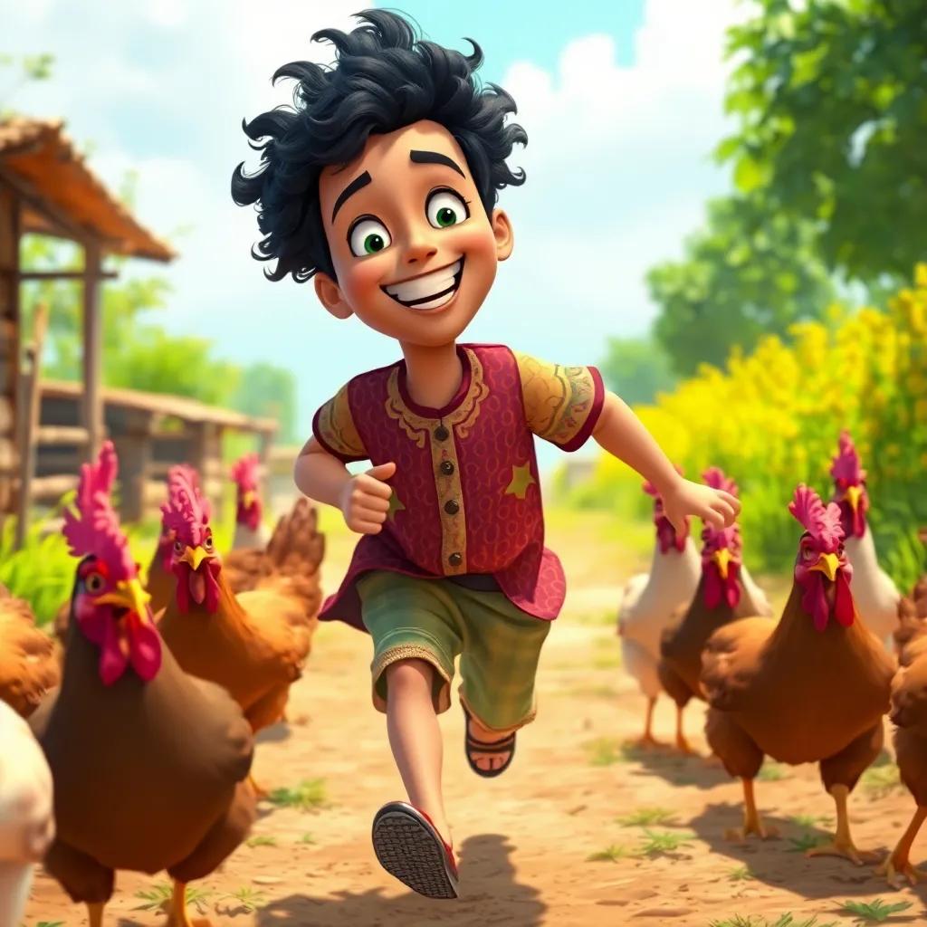 Adam, a young Arab boy with curly black hair in a colorful traditional shirt, running away from a flock of angry hens in a sunny farm, wide smile, adventurous scene, illustration, lively,a bright atmosphere, high quality