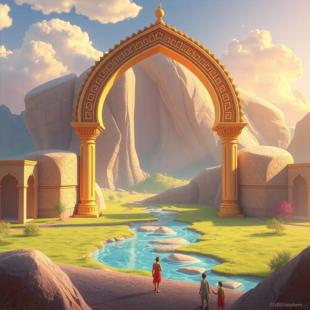 عبدالله، الفتى العربي الكبير، في الغابة تحت أشجار ضخمة، يرتدي قميصًا أزرق وسروالًا بني، مبتسم وحاملًا خريطة، مشهد طبيعي مشمس، فن رقمي، ألوان دافئة، جودة عالية