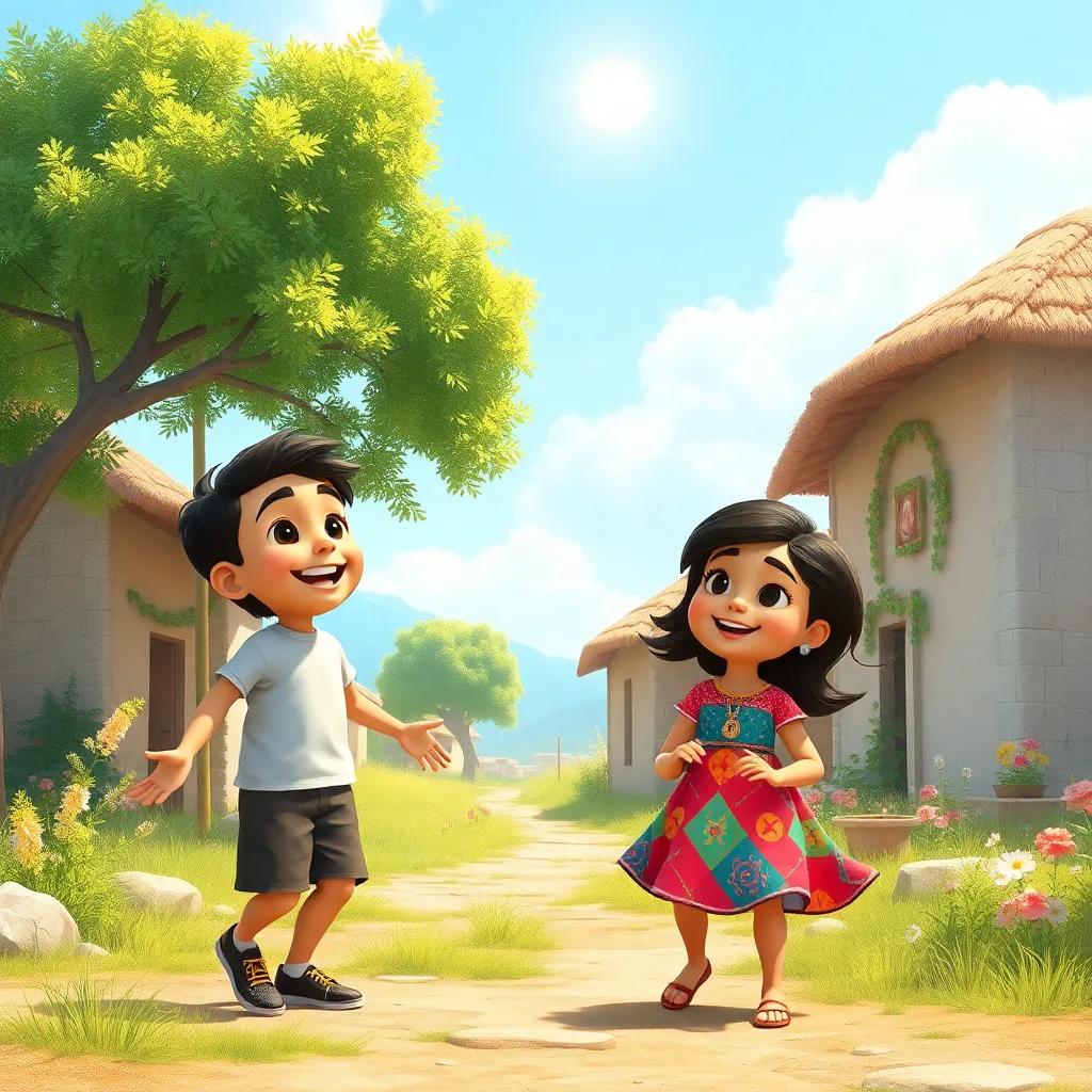 A joyful scene of a small village with two siblings, Nasser and Shamsa, playing under the sun, with trees and flowers around. Nasser, a young Arab boy, wearing a t-shirt and shorts, is laughing, while Shamsa, a young Arab girl, wearing a colorful dress with a bright smile, looks at him lovingly. Digital art, cheerful atmosphere, bright colors, uplifting view, high quality.
