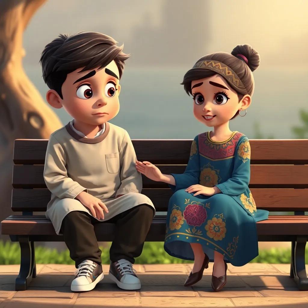 A thoughtful moment as Nasser, a young Arab boy with a worried expression and casual clothes, sits on a bench looking sad. Beside him sits Shamsa, a young Arab girl with a caring expression in her colorful dress, reassuring him with a gentle touch. Digital painting, warm light, emotional depth, child-friendly, high quality.