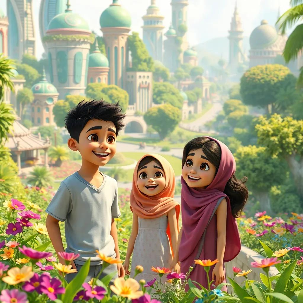 A lush green city with futuristic buildings and parks, featuring twin brothers, Sharaf and Bader, both fourteen years old with wheat-colored skin and hazel eyes, laughing and playing with their sisters Yusra, fifteen, and Amira, six, in the vibrant garden filled with flowers, digital art, bright colors, cheerful atmosphere, high quality