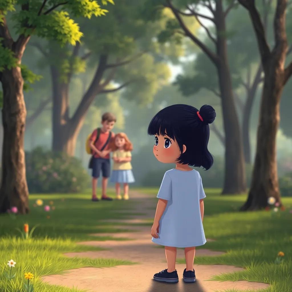 A girl named Dua, standing alone in the park with a sad expression, looking at the happy family of four, with green trees and flowers in the background, illustration, dramatic lighting, reflecting loneliness, child-friendly