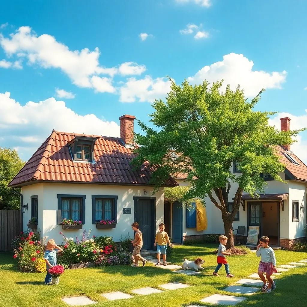 A small village with two houses, one with a garden blooming with flowers and another with a tree, in a sunny atmosphere, children playing, cheerful surroundings, bright colors, inviting scene, high quality