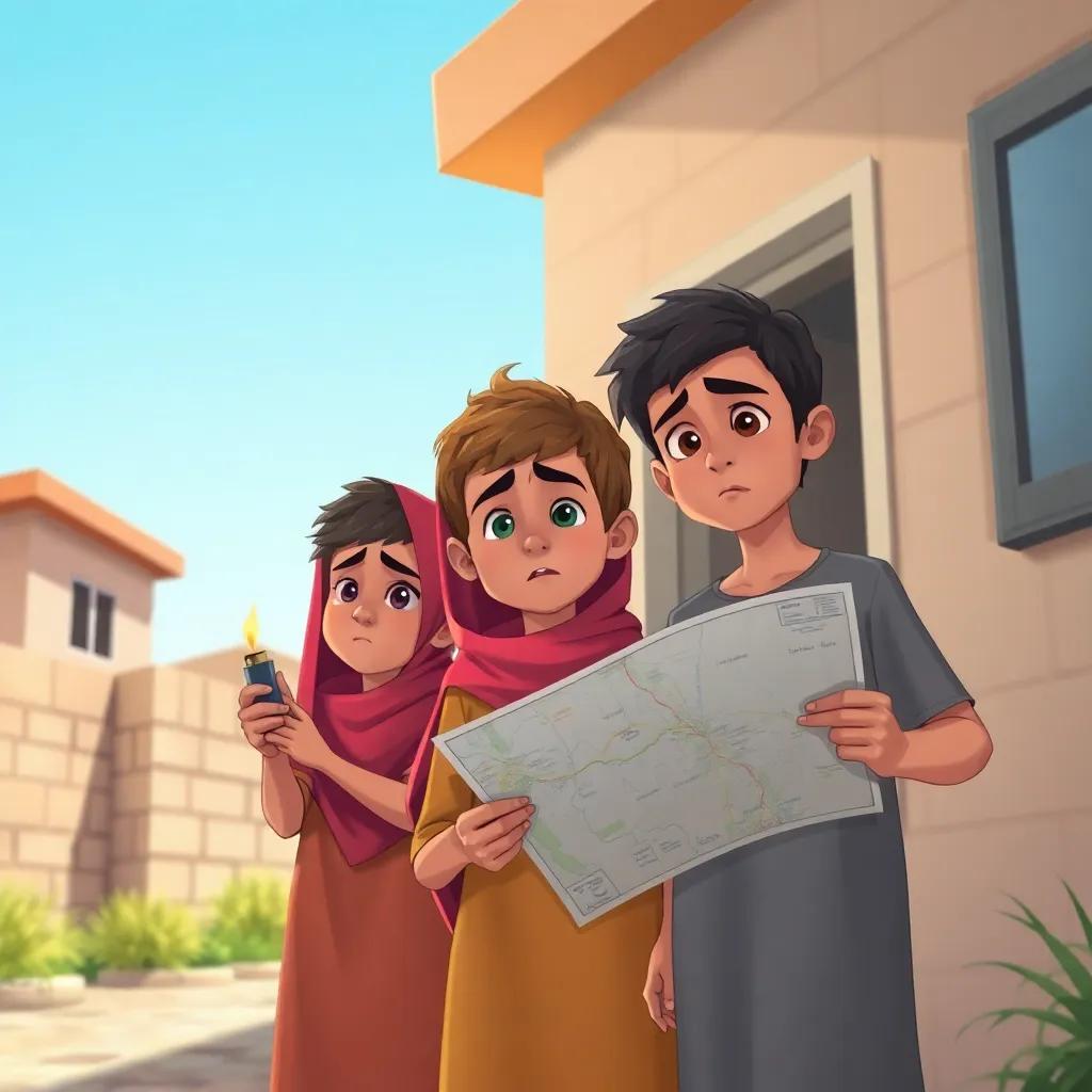 Three young Arab brothers, looking confused and sad, standing outside their home holding a lighter and a map, under a clear blue sky, illustration, emotional scene, child-friendly