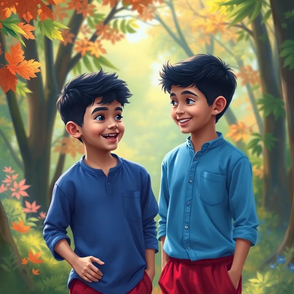 A young Arab boy, Zain, with short black hair, wearing a blue shirt and red shorts, joyfully talking to his brother Tamim in a colorful forest, digital art, bright colors, cheerful atmosphere, high quality