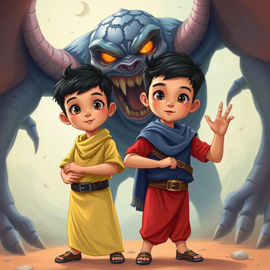 Two young Arab boys, Zain and Tamim, with short black hair, wearing colorful outfits, standing bravely together as a scary monster looms in the background, illustration, vibrant colors, inspiring scene, high quality