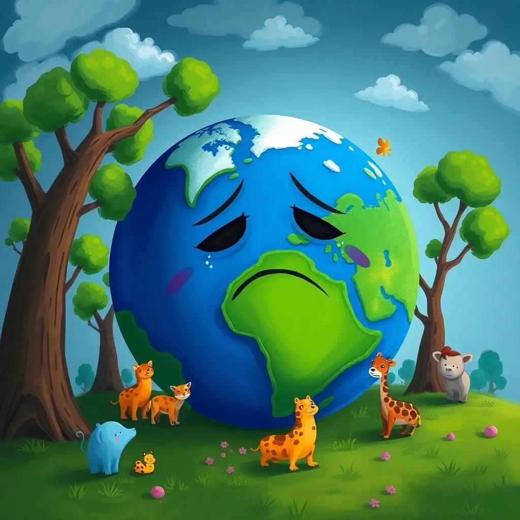 A sad planet Earth with a blue and green surface, surrounded by crying trees and animals, under a cloudy sky, digital art, vibrant colors, emotional and engaging atmosphere, child-friendly