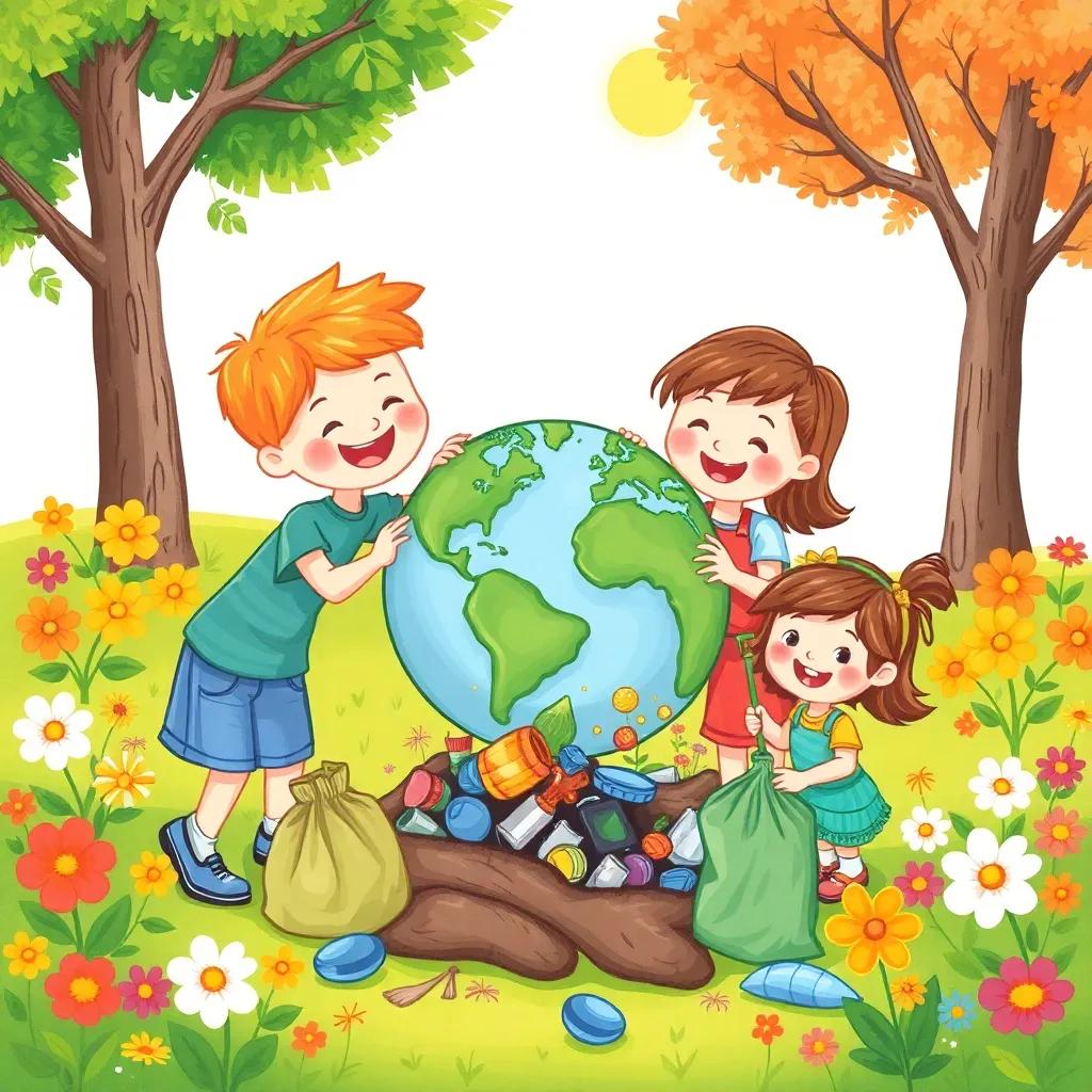 A beautiful scene of children cleaning up the Earth, picking up trash with smiles, colorful flowers and trees around them, bright sunny day, illustration, cheerful and uplifting, vibrant colors, child-friendly