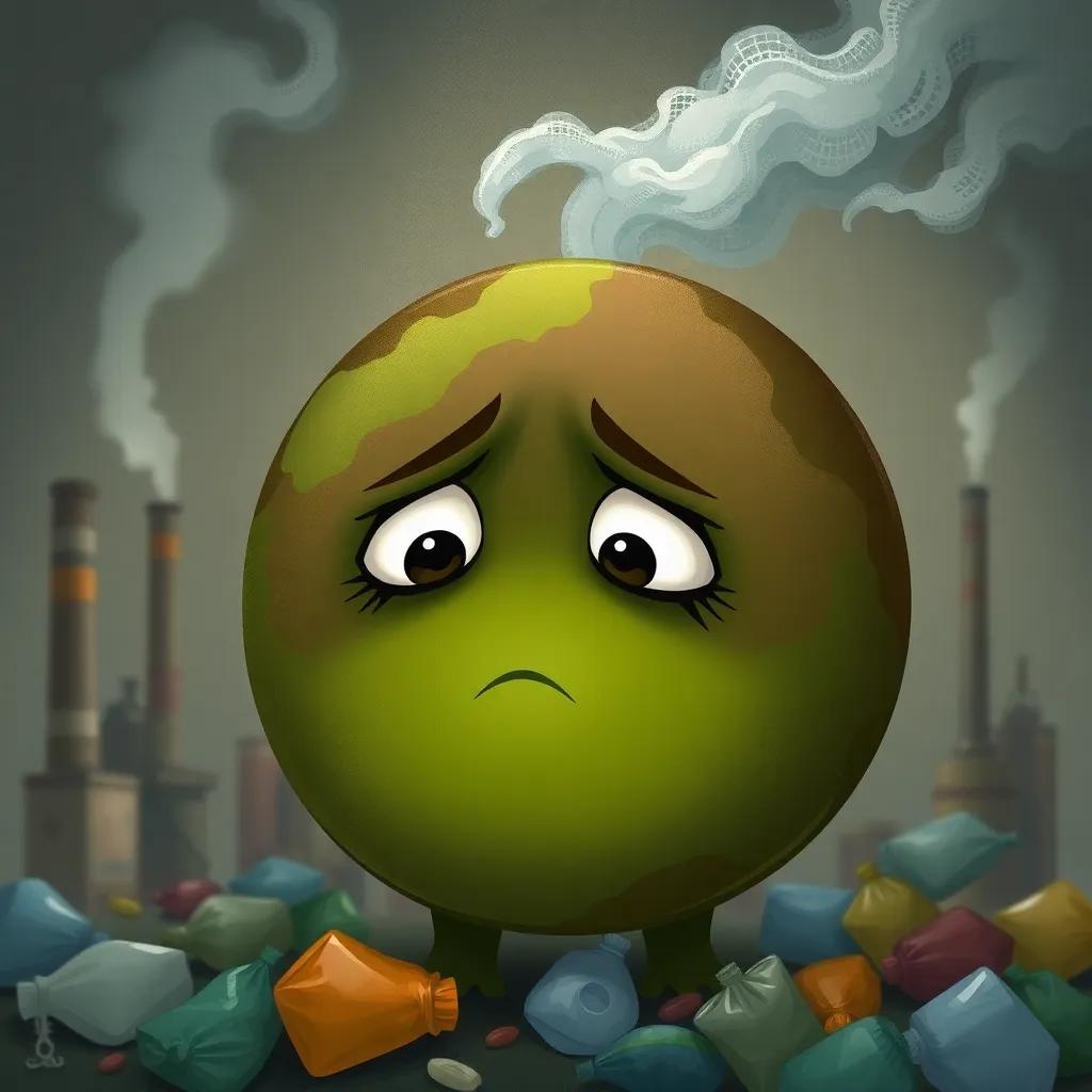 A sad Earth character with sad eyes, dark brown and green colors, surrounded by factories emitting smoke and plastic waste, digital art, soft colors, gloomy atmosphere, close-up, detailed
