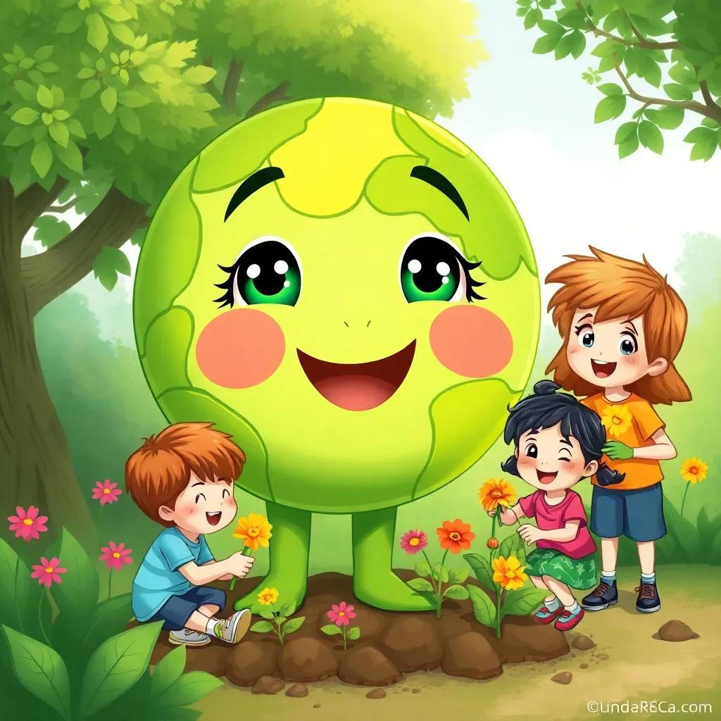 A joyful Earth character with bright eyes, vivid green colors, with children planting flowers and cleaning up the surrounding area, digital painting, cheerful colors, uplifting scene, vibrant, high quality