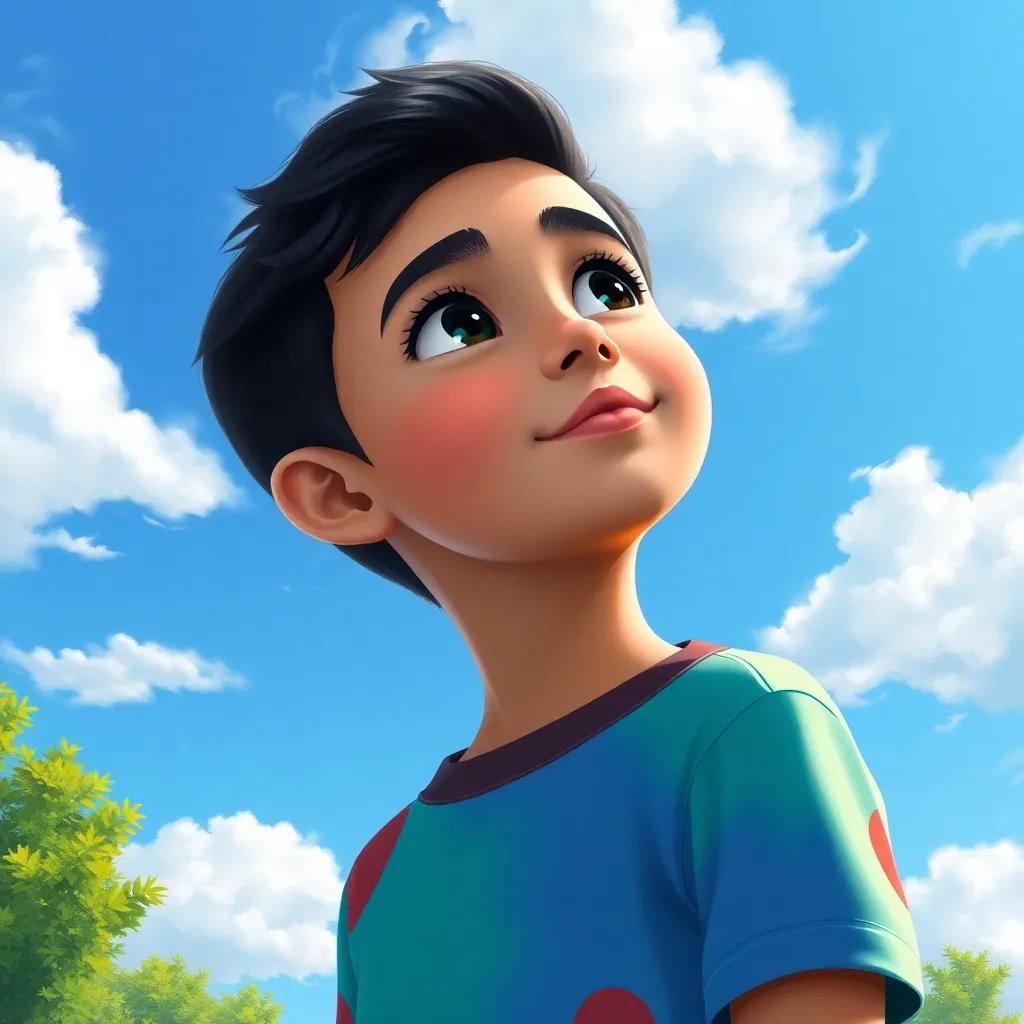 A young Arabic boy, Sami, with short black hair, wearing a colorful t-shirt and shorts, looking up at a clear blue sky filled with fluffy white clouds, vibrant green trees in the background, digital art, bright colors, cheerful atmosphere, high quality