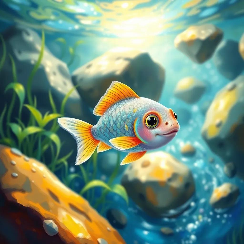 A small fish, Lulu, bright and colorful, with sparkling blue scales, swimming in a clear blue river, surrounded by lush green plants and rocks, light shining through the water, cheerful scene, engaging, child-friendly