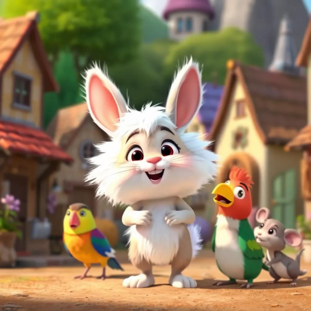 A brave rabbit named Felfel, with fluffy white fur and bright eyes, excitedly standing in a small village with his friends a colorful bird and a small mouse, vibrant village background, cheerful tone, cartoon style