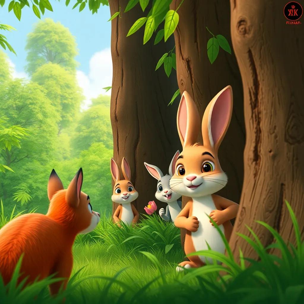 Felfel, the brave rabbit, and his friends, looking determined while hiding behind trees in a lush green environment, preparing to face a cunning fox, bright colors, adventure atmosphere, playful style
