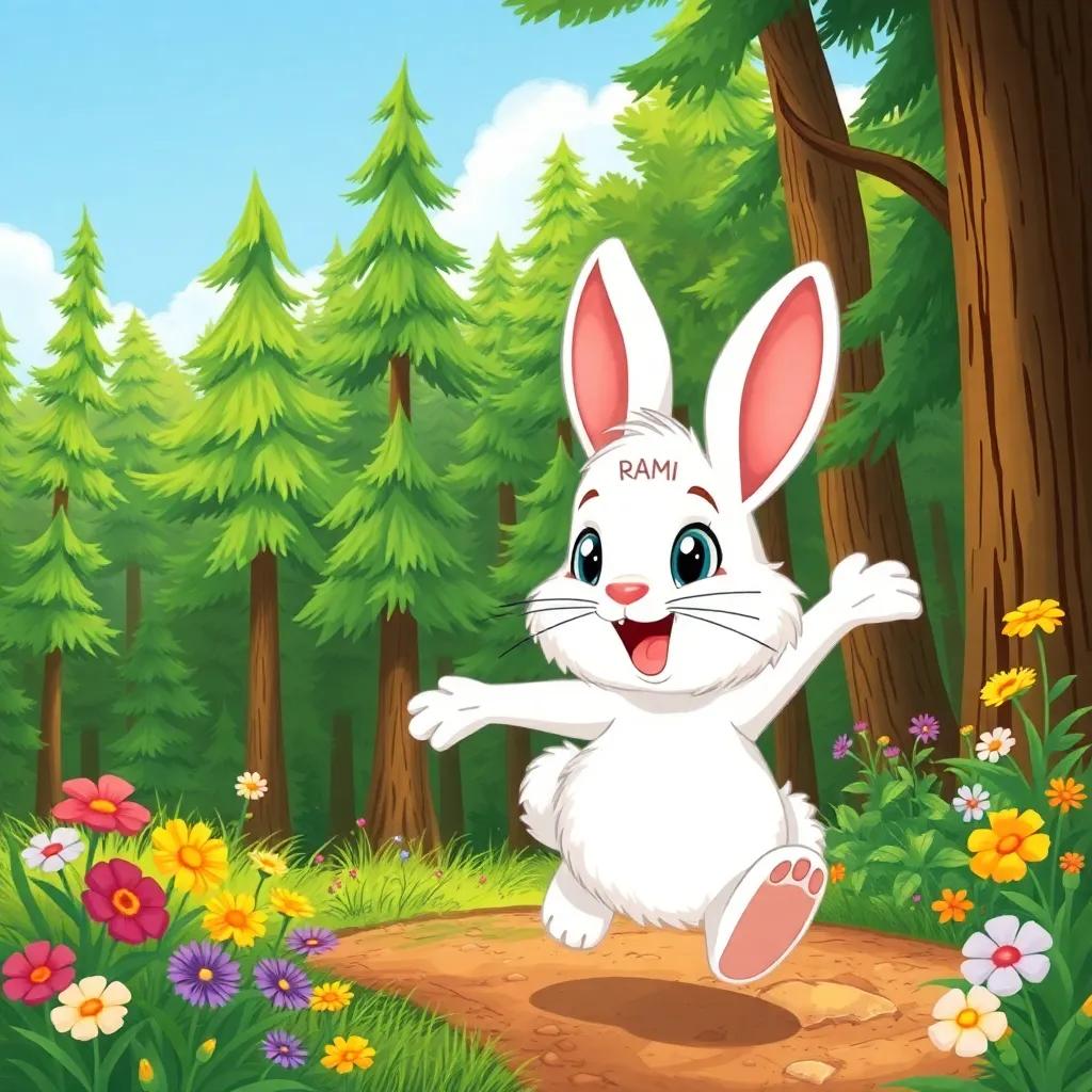 A smart rabbit named Rami, with fluffy white fur and bright eyes, excitedly hopping into a lush green forest filled with tall trees and colorful flowers, cheerful, vibrant colors, illustration, high quality