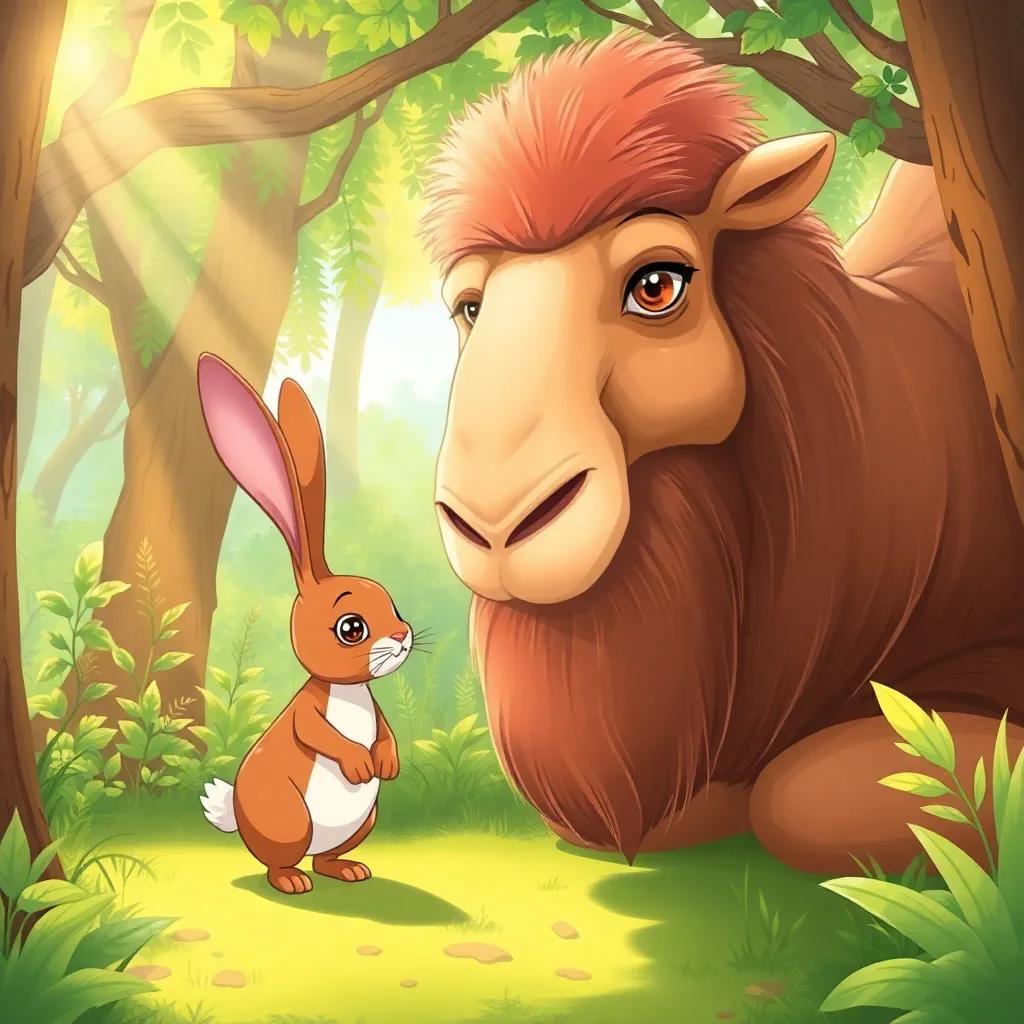 Rami, the smart rabbit, meeting a large camel with gentle eyes in the forest, surrounded by greenery and soft sunlight, friendly atmosphere, colorful, lively scenery, digital art, high quality