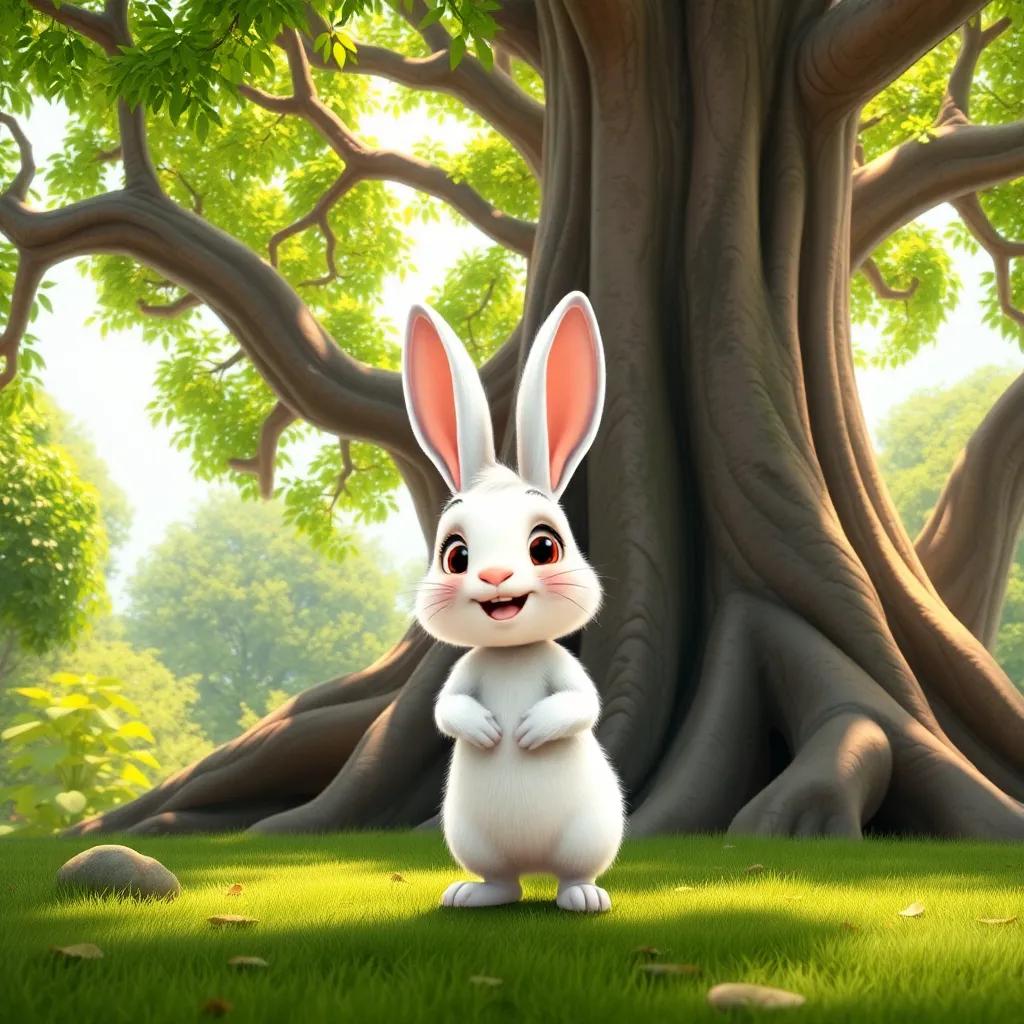 A small rabbit named Raed, with fluffy white fur and big ears, standing excitedly under a large ancient tree with bright green leaves, digital art, cheerful atmosphere, vibrant colors, child-friendly, high quality