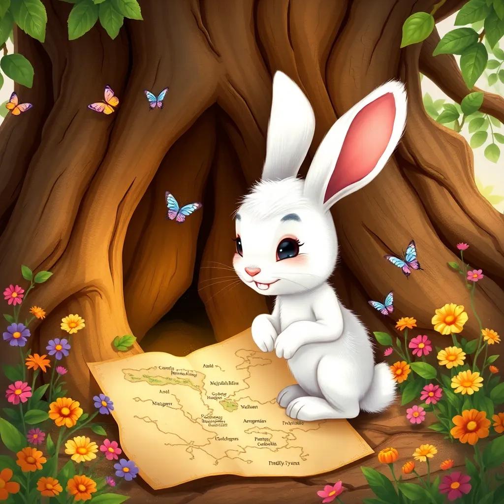 Raed, a small rabbit with fluffy white fur and big ears, looking at an ancient map discovered under the tree roots, surrounded by colorful flowers and butterflies, illustration, joyful, adventurous theme, child-friendly