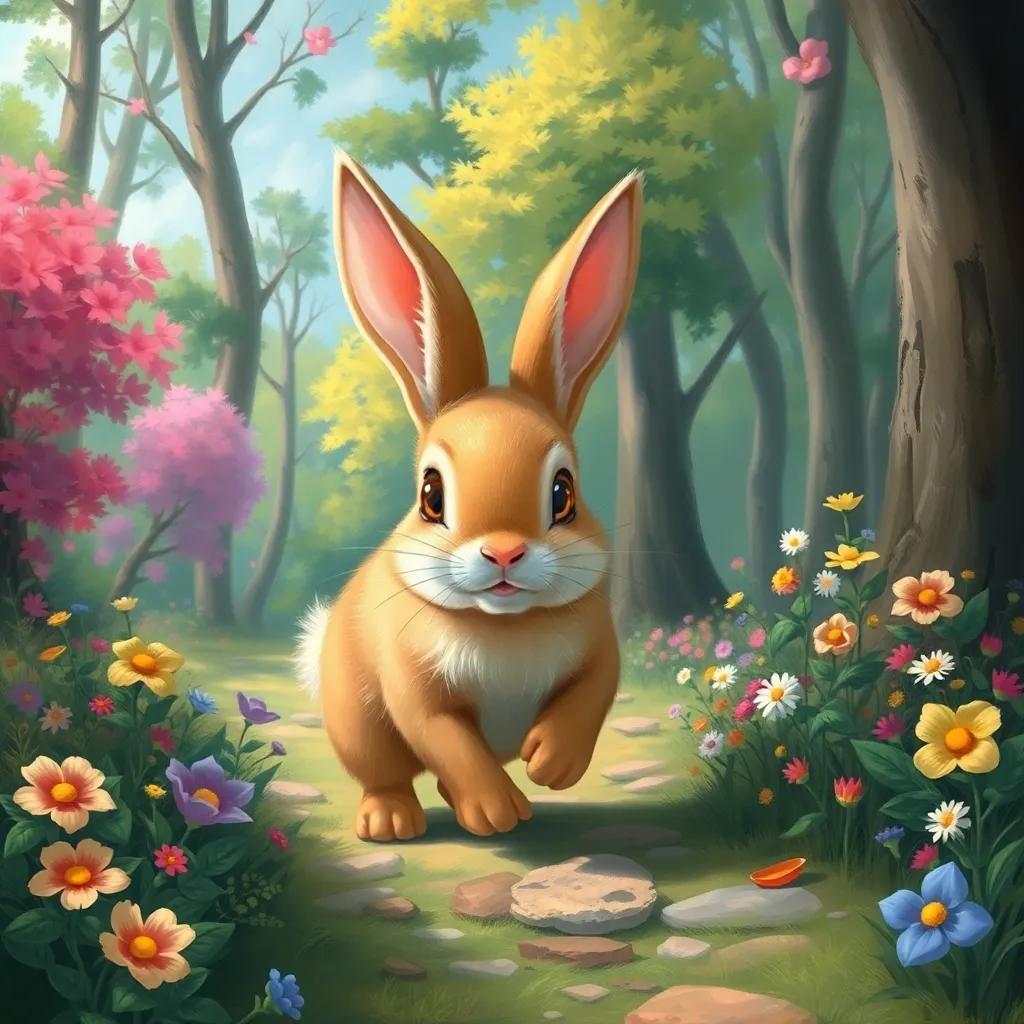 A small bunny named Roni in a beautiful forest, looking curious and fast-moving, surrounded by trees and flowers, digital art, vibrant colors, cheerful atmosphere, high quality