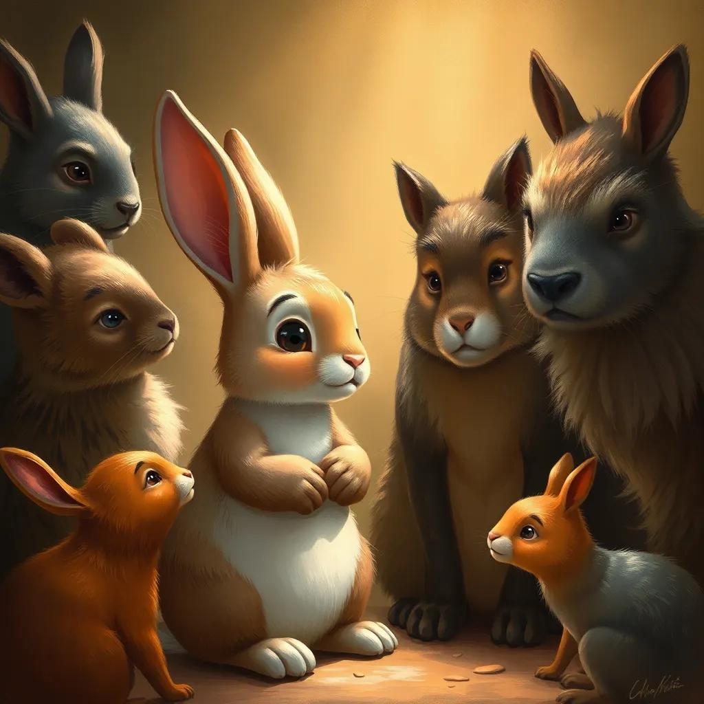 Roni, the bunny, looking confused as the animals around him talk softly, detailed illustration, warm light, emphasizing their expressions, child-friendly