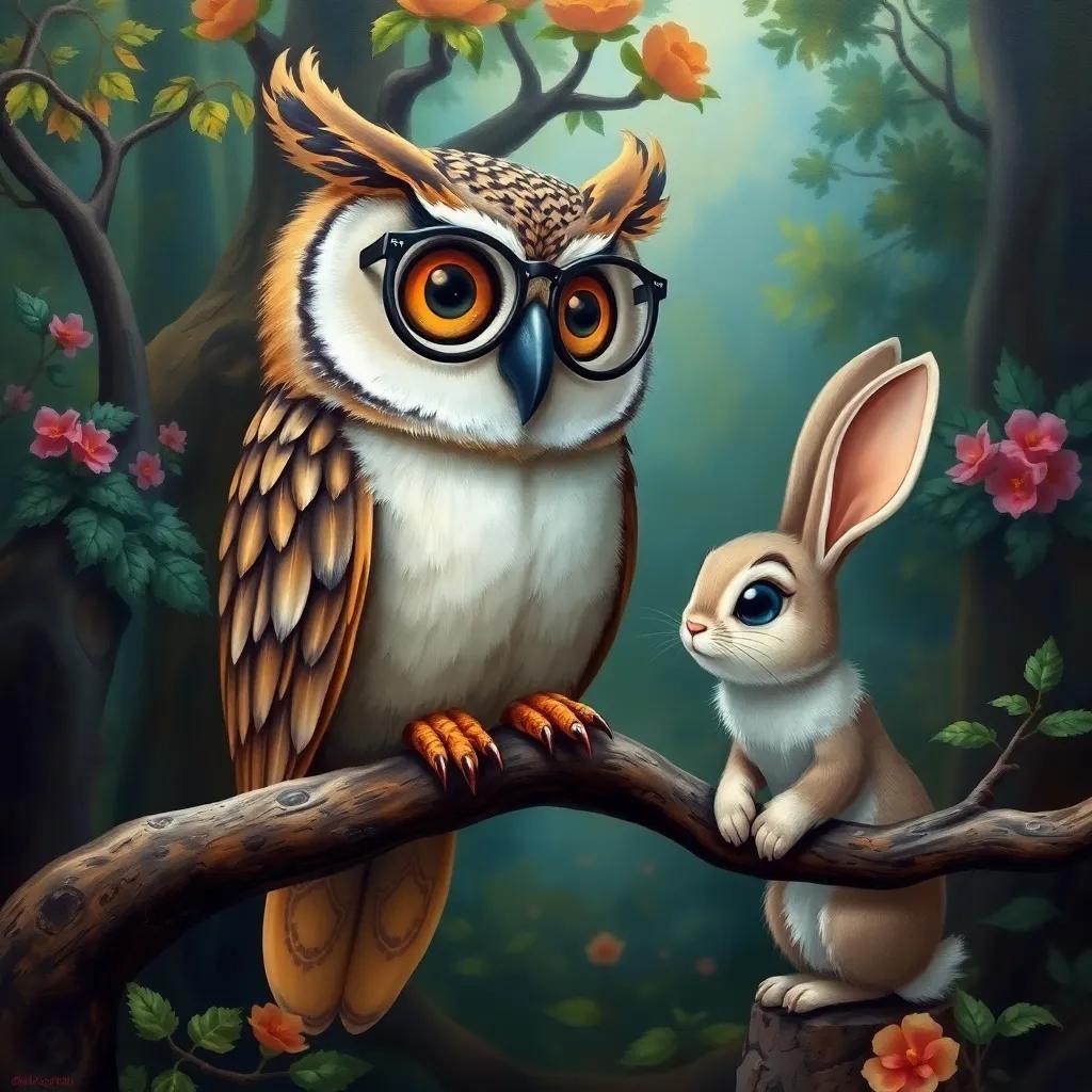 A wise owl sitting on a branch, giving advice to Roni the bunny, the owl has big eyes and wears glasses, gentle expression, lush forest background, colorful, enchanting