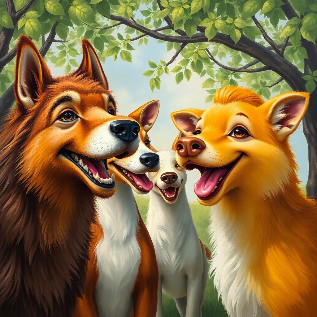 Roni focusing on the animals' mouths while they talk, showing determination, the animals smiling and encouraging, in a sunny grove with playful energy, friendly art