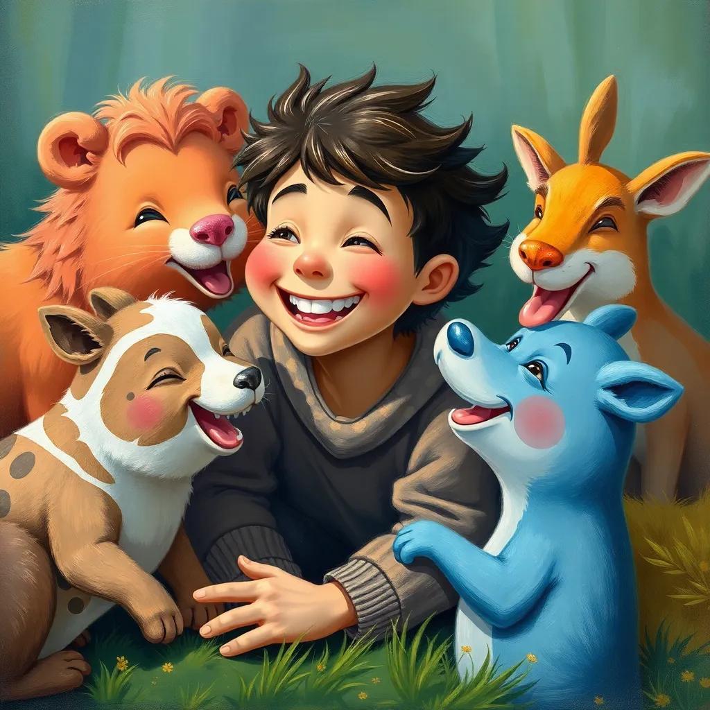 Roni happily playing with his animal friends, smiling and laughing, they are playing hide-and-seek, joy radiating in the atmosphere, playful color palette, engaging and fun