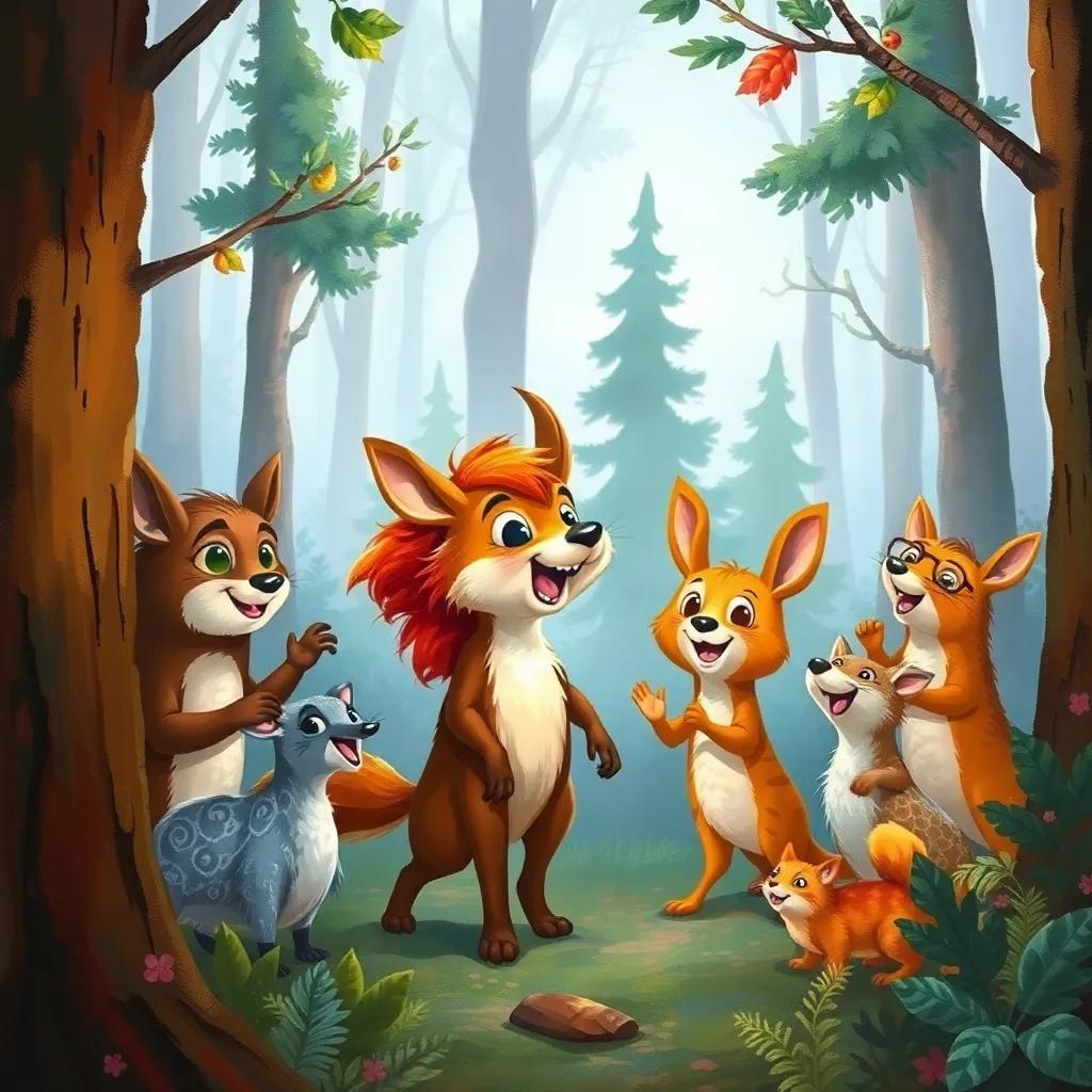 Roni suggesting a game of hide-and-seek to his friends, all animals excited, colorful forest scene with lively expressions, joyful vibes, illustration
