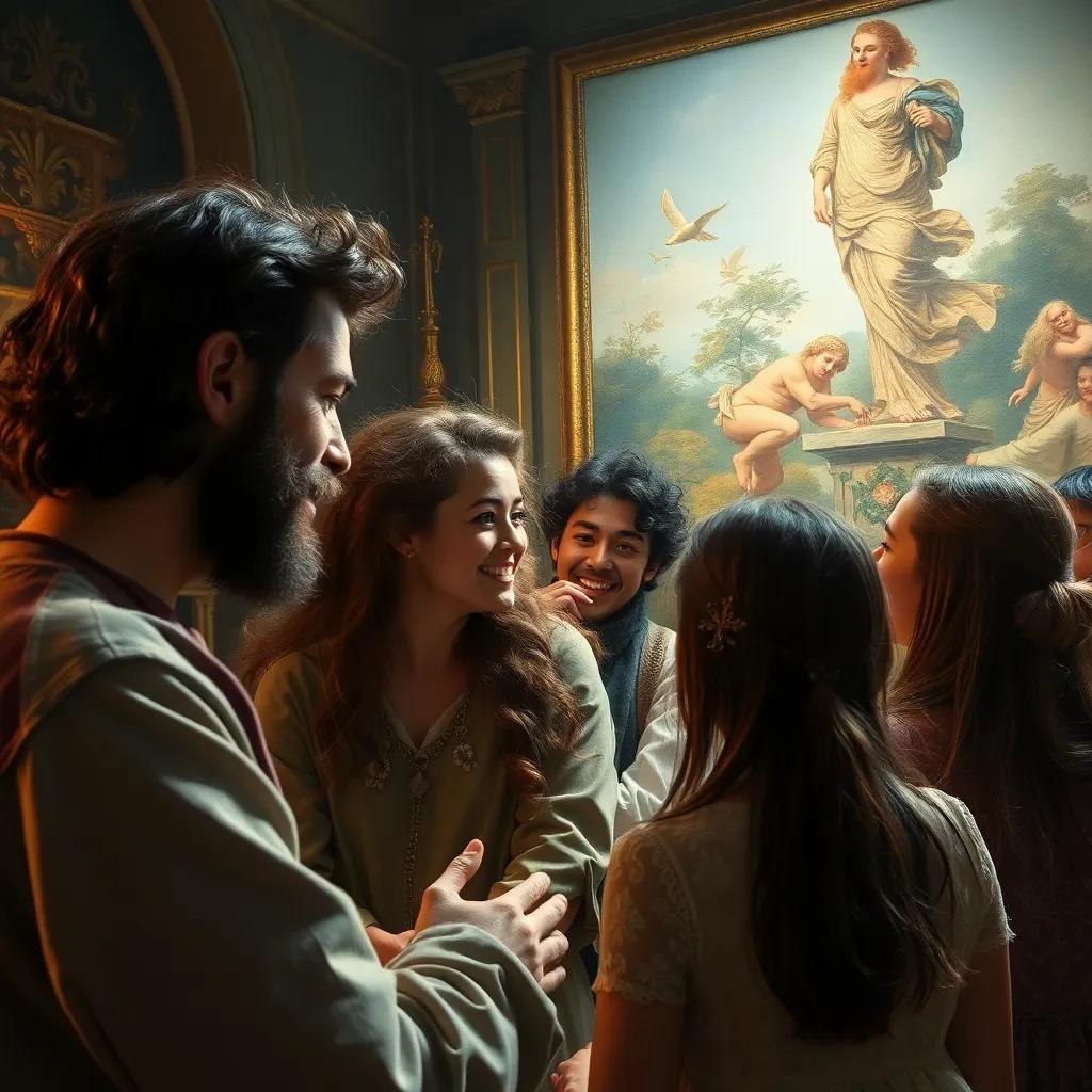 Roni asking questions and listening carefully, showing growth and understanding, surrounded by supportive friends, warm lighting, light and optimistic atmosphere