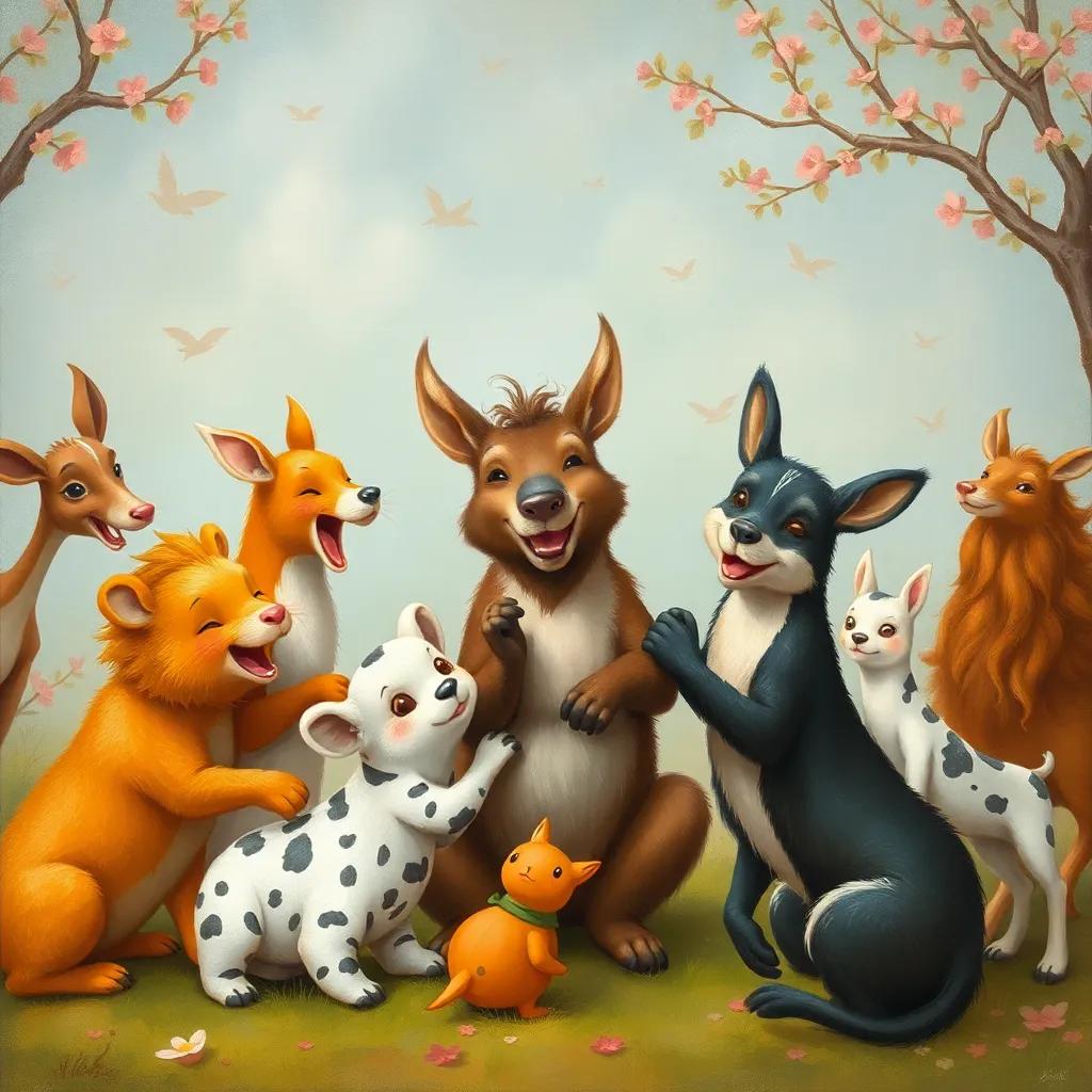 A peaceful scene of Roni and his friends playing together in harmony, illustrating unity and joy, diverse animals, happy expressions, sweet art
