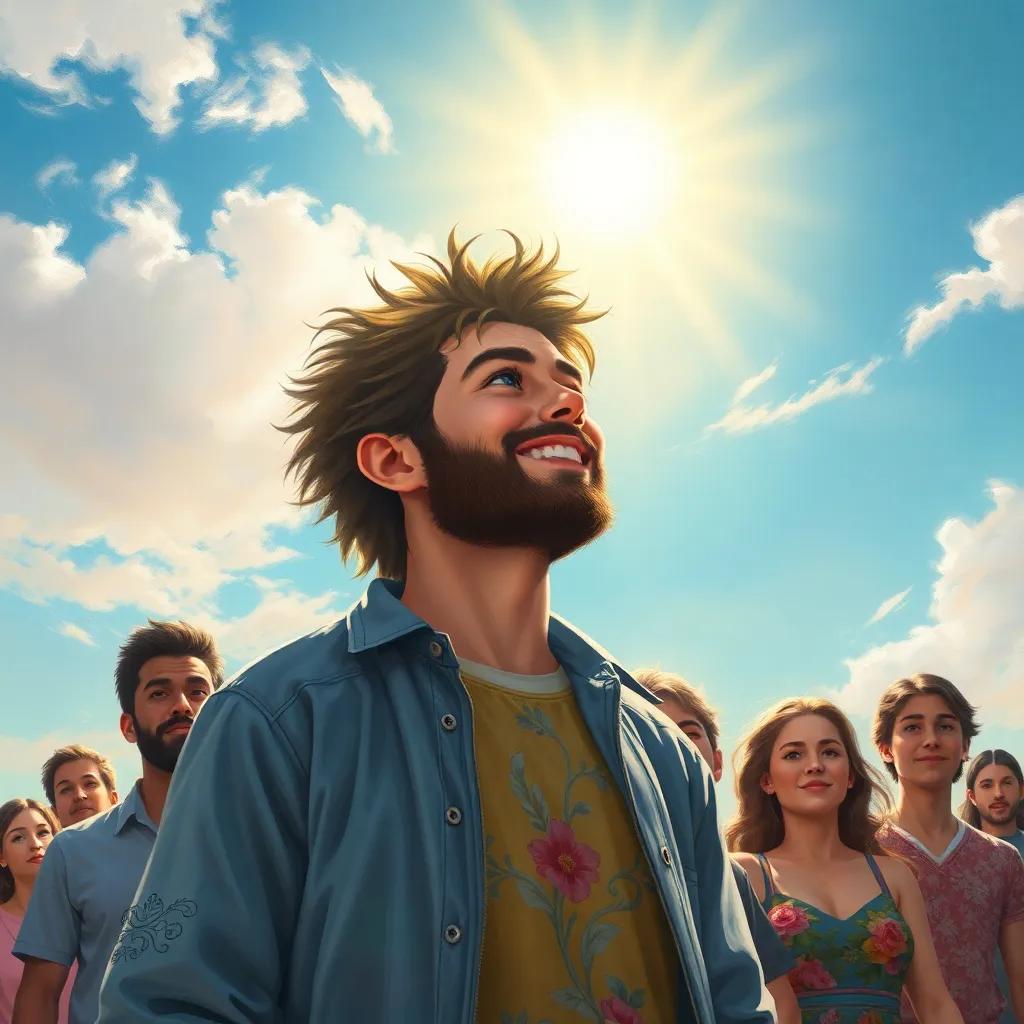 Roni looking content, realized his abilities, surrounded by his friends, under a bright sunny sky, colorful, uplifting art