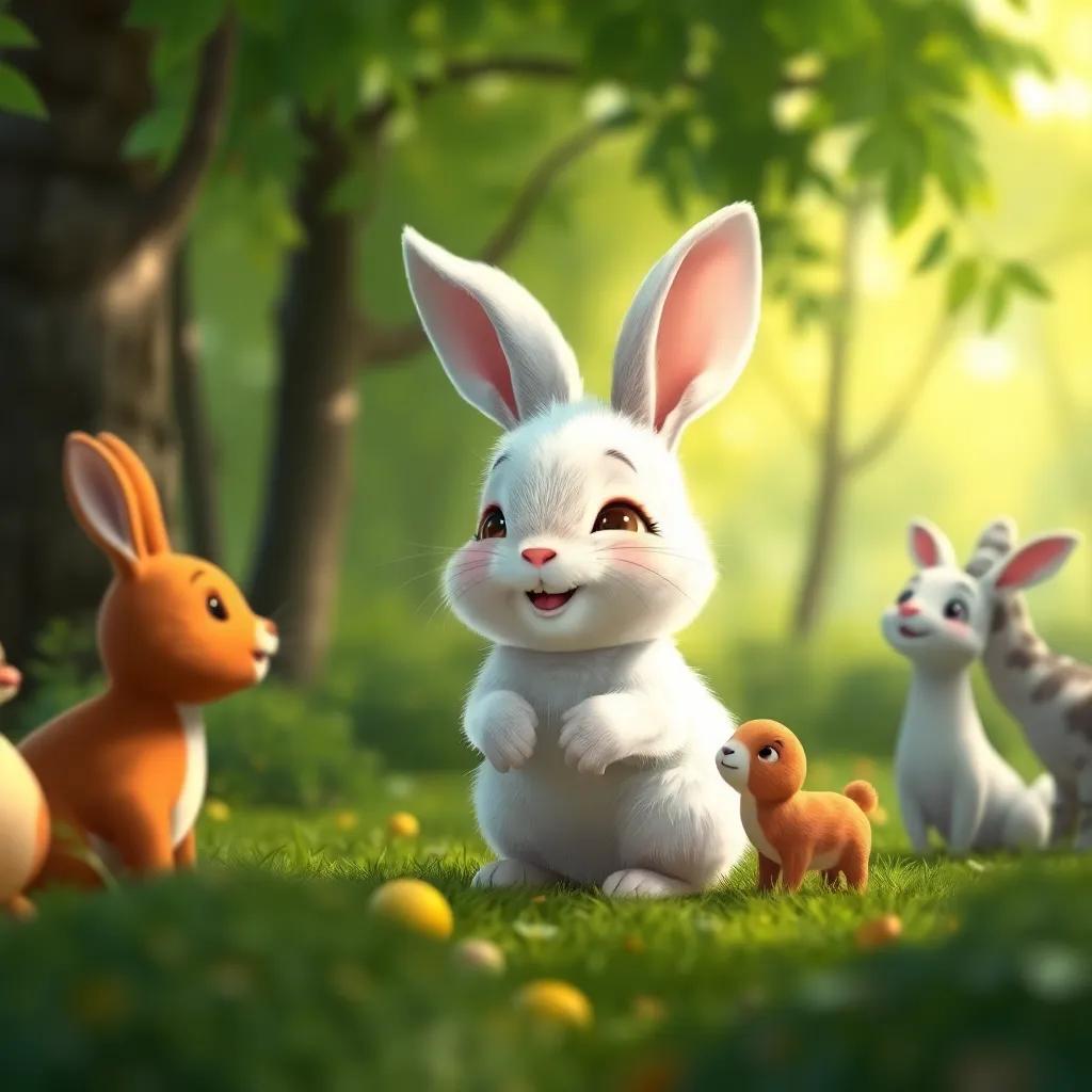A small, happy rabbit named Fufu, with soft white fur and big ears, talking to animal friends in a bright green forest, digital art, vibrant colors, cheerful atmosphere, high quality