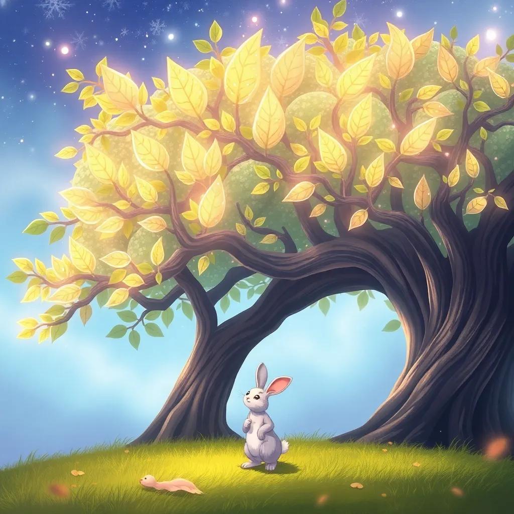 A large magical tree with shiny leaves and extended branches, Fufu the rabbit standing below, looking up with excitement, illustration, whimsical and enchanting, child-friendly, high quality