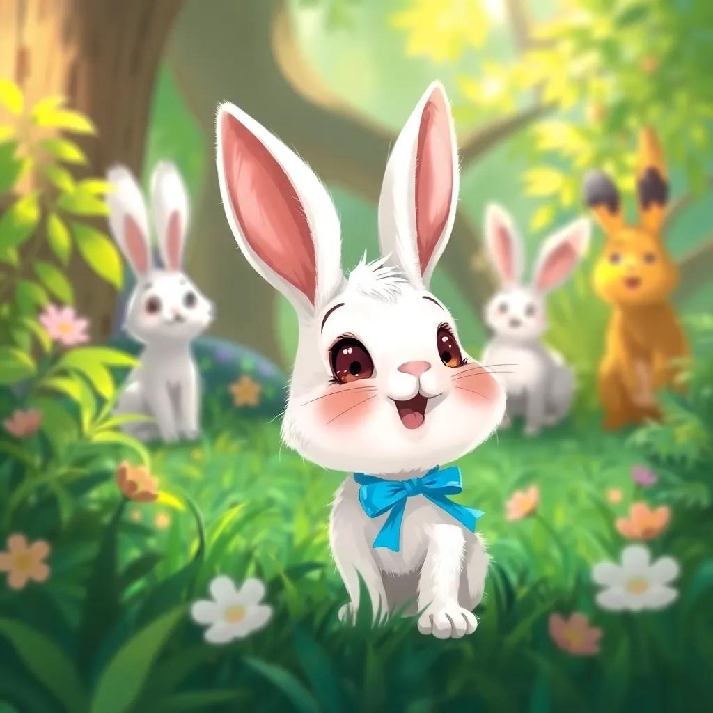 A small bunny named Fufu, with fluffy white fur, wearing a tiny blue ribbon around his neck, gazing excitedly at his friends in a lush, green forest, digital art, bright colors, cheerful atmosphere, vibrant and inviting