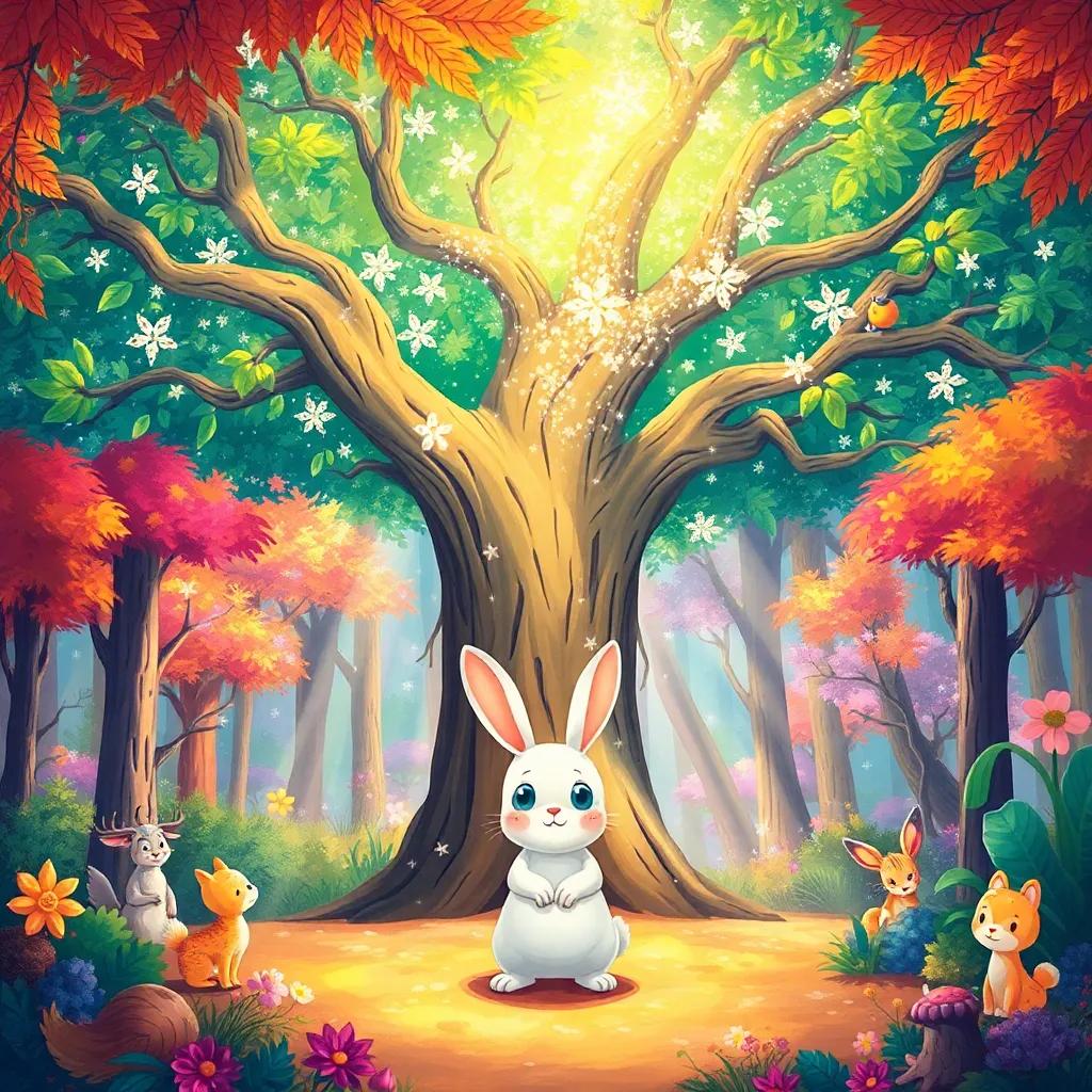 A magical tree with sparkling leaves and wide branches in a colorful forest, with Fufu the bunny standing in front, amazed, surrounded by soft sunlight and playful forest animals, illustration, beautiful details, enchanting scenery, magical feel