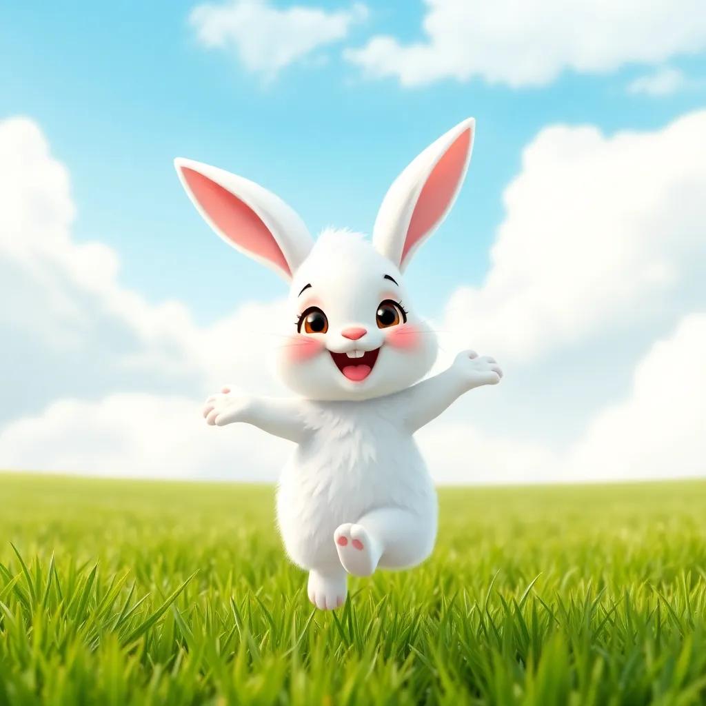 A happy little rabbit, Lulu, with fluffy white fur and big ears, jumping in a green field under a cloudy sky, playful atmosphere, cute, cheerful, bright colors, nature scene, high quality