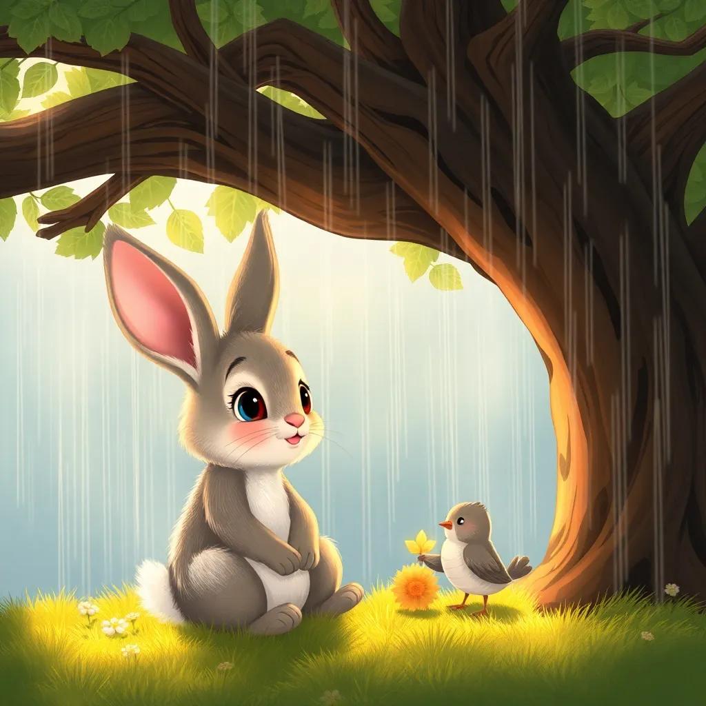 Lulu the rabbit, sitting under a big tree with thick branches, looking at the raindrops falling, with a small bird shivering next to him, warm light, cozy, child-friendly, detailed illustration, high quality